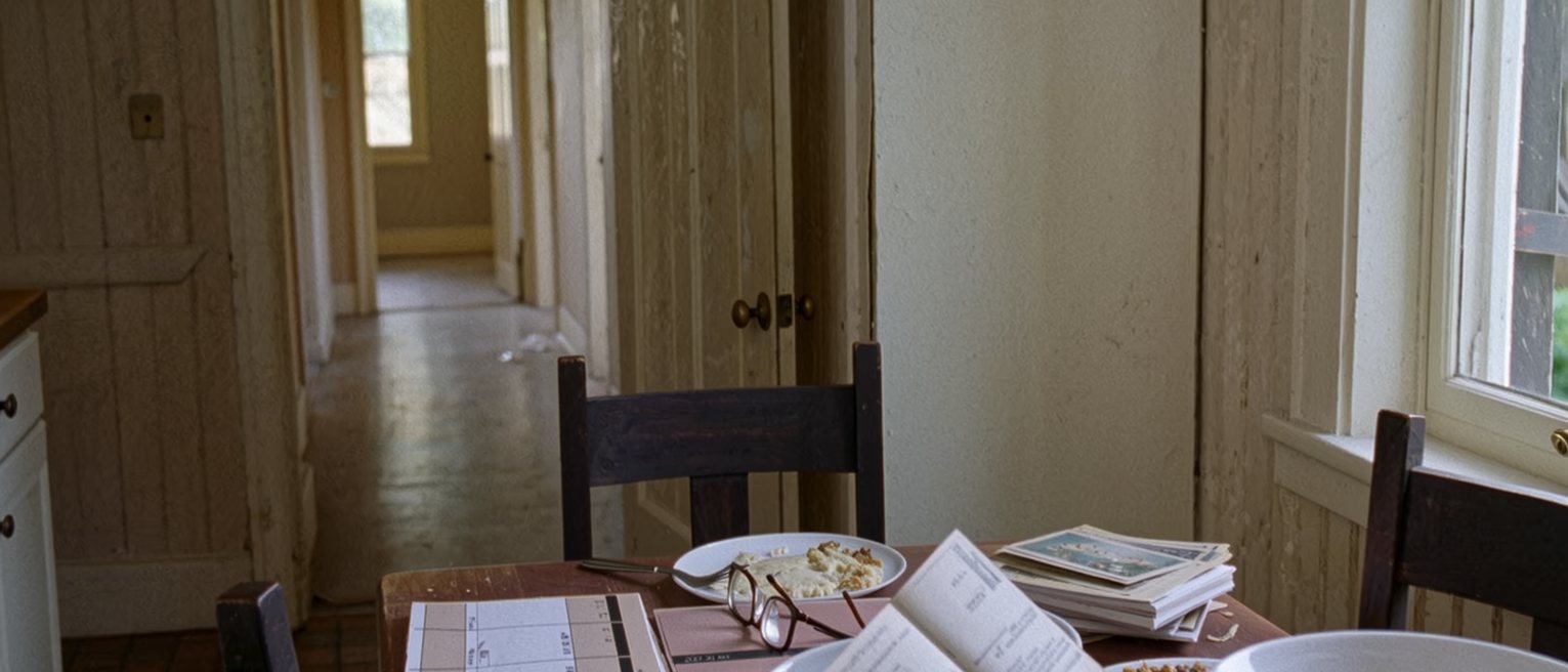 a kitchen table where a wall planner, a stack of opened post and a pair of reading glasses have spread across the place where supper used to be eaten, one chair pushed in square and the other still turned out