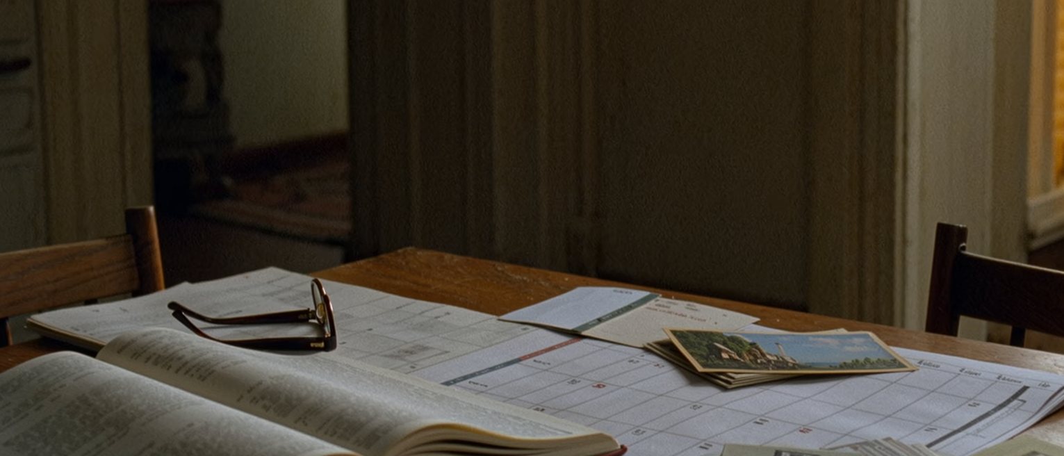 a kitchen table where a wall planner, a stack of opened post and a pair of reading glasses have spread across the place where supper used to be eaten, one chair pushed in square and the other still turned out