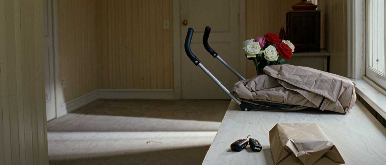 a hall table where the car keys, a waiting parcel and a folded pushchair have taken the place the flowers used to stand