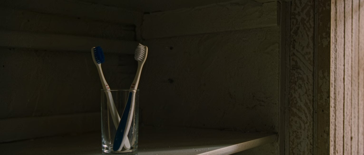 a bathroom shelf with two toothbrushes standing in one glass and nothing else on it