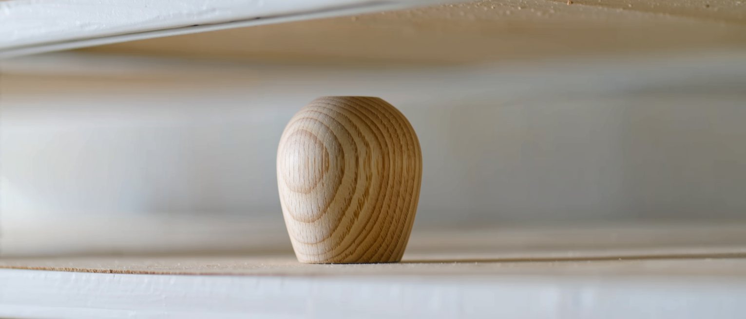 a small object of hand-polished pale ash wood, its form simple and its grain running unbroken, standing on an open shop shelf
