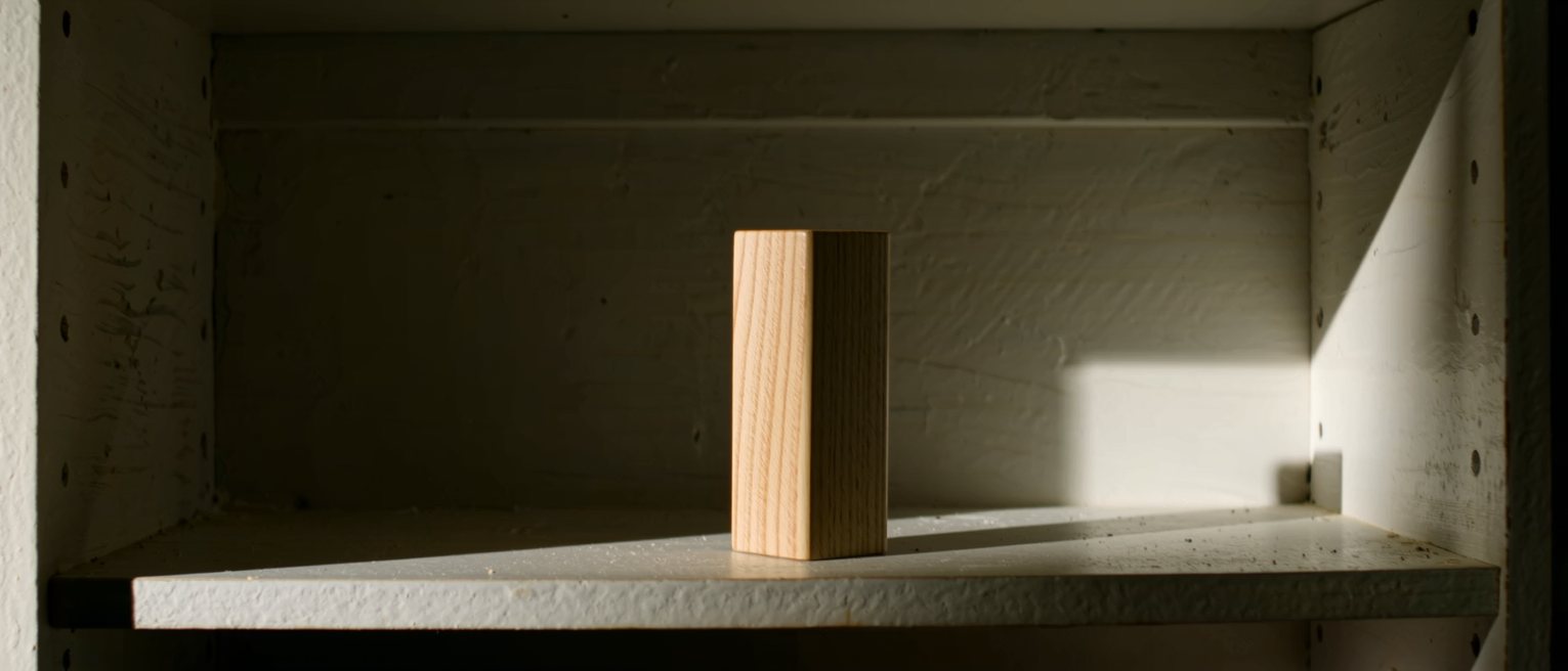 a small object of hand-polished pale ash wood, its form simple and its grain running unbroken, standing on an open shop shelf