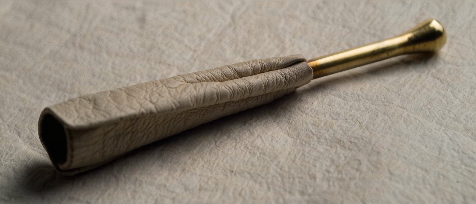 a small pair of bellows, the leather soft with use and the brass nozzle bright