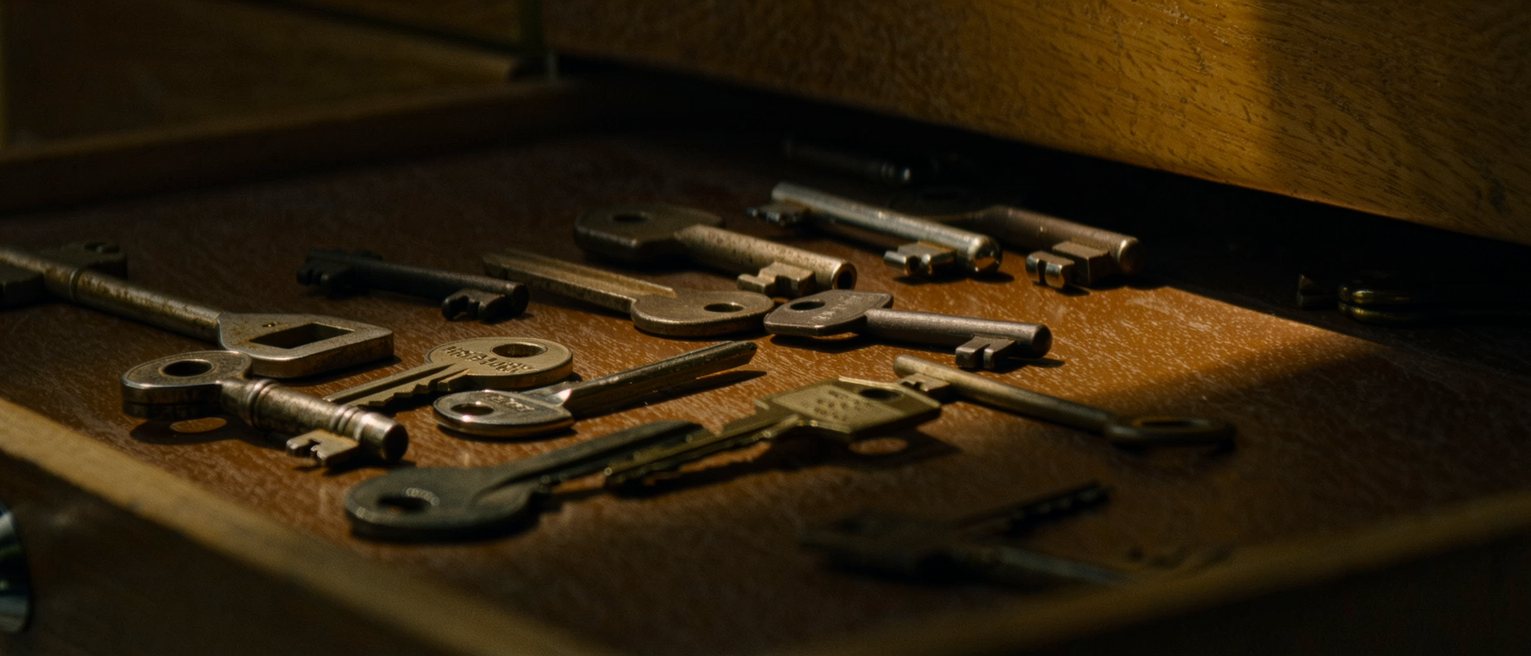 a drawer of assorted keys, no two cut alike, all worn at the same place
