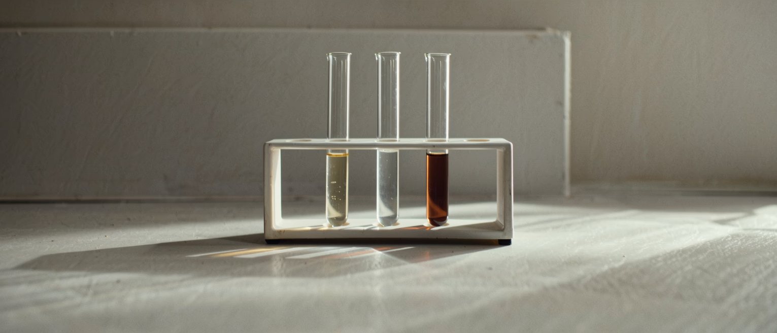 three identical glass test tubes in a rack, each filled to a different level
