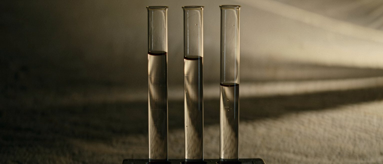 three identical glass test tubes in a rack, each filled to a different level