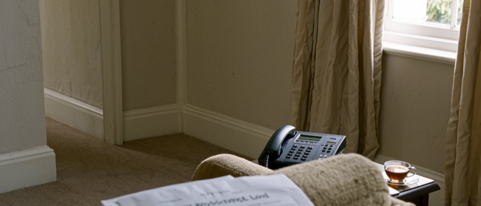 a sitting room seen close with a printed policy paper on the arm of the armchair, a landline phone on the side table beside a cup of tea and a leaflet with a helpline number, the curtains soft behind