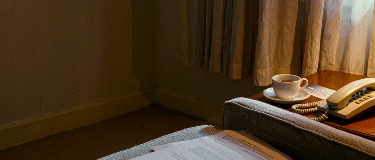 a sitting room seen close with a printed policy paper on the arm of the armchair, a landline phone on the side table beside a cup of tea and a leaflet with a helpline number, the curtains soft behind