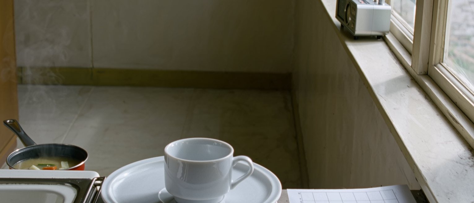 a kitchen seen close with one cup and one plate washed and set on the rack, a calendar with the week empty, a radio on the sill and a pot of soup for one, the window soft behind