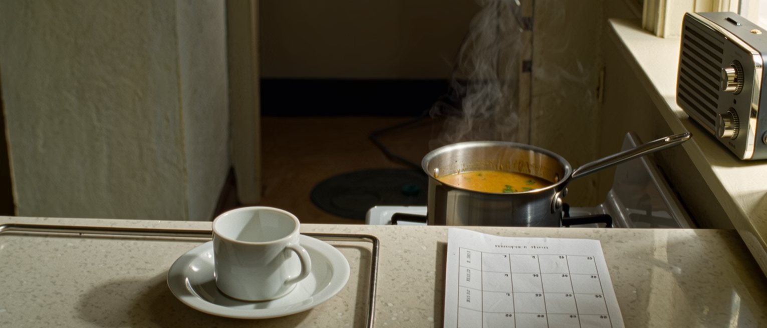 a kitchen seen close with one cup and one plate washed and set on the rack, a calendar with the week empty, a radio on the sill and a pot of soup for one, the window soft behind