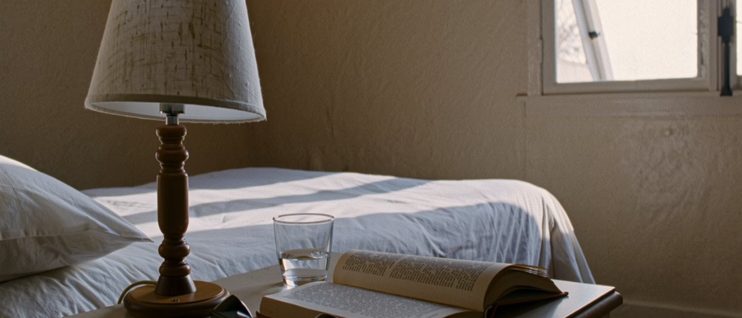 a bedside table with a phone lying face down beside the lamp, a glass of water and a book left open face down, and beyond it the far side of the bed still made