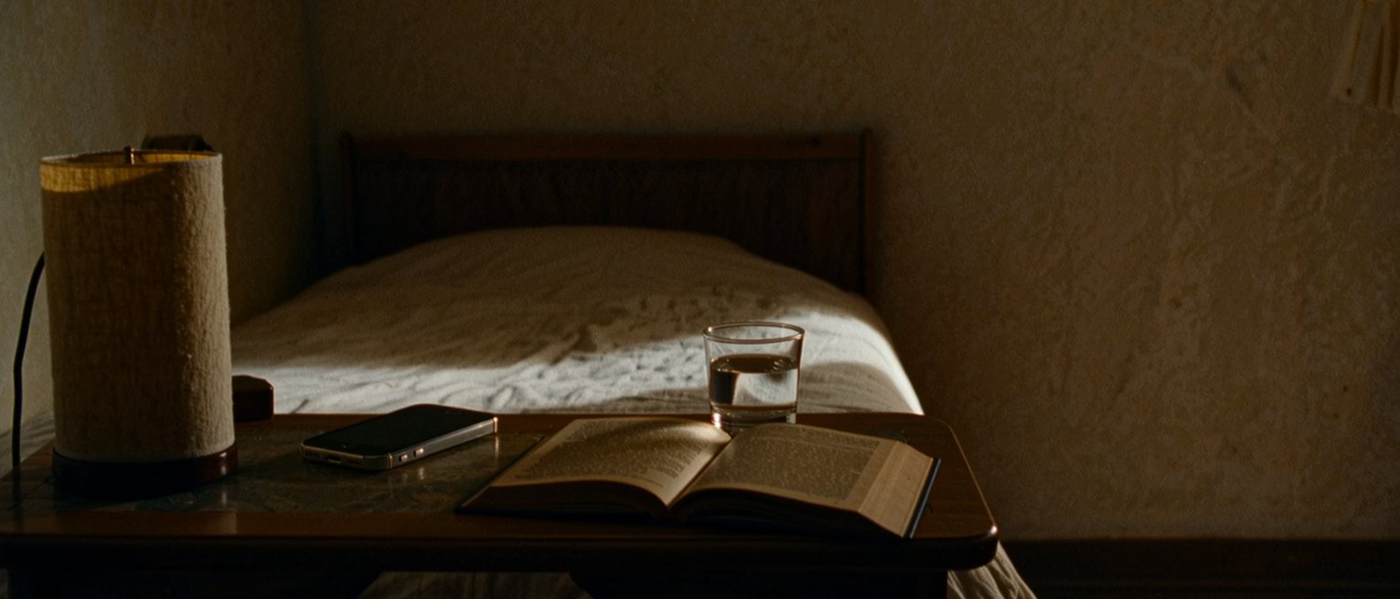 a bedside table with a phone lying face down beside the lamp, a glass of water and a book left open face down, and beyond it the far side of the bed still made