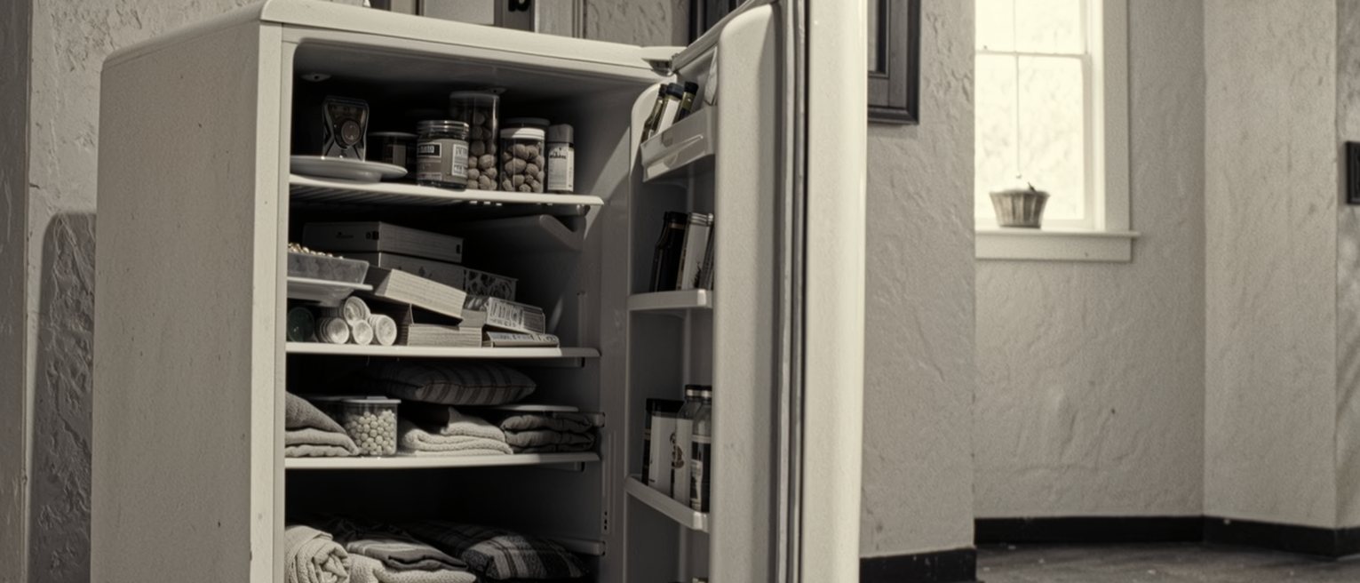 a kitchen with the fridge door standing wide open and nothing taken out of it, every shelf inside still full
