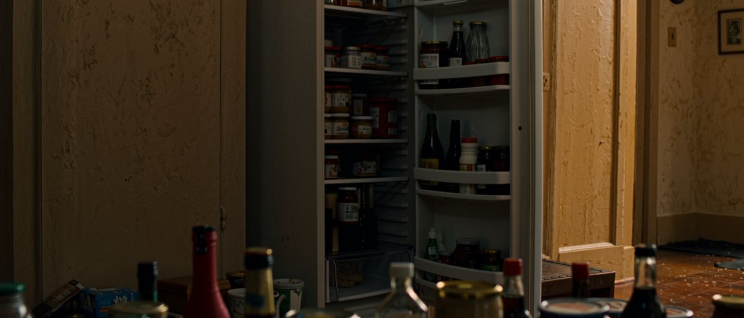 a kitchen with the fridge door standing wide open and nothing taken out of it, every shelf inside still full