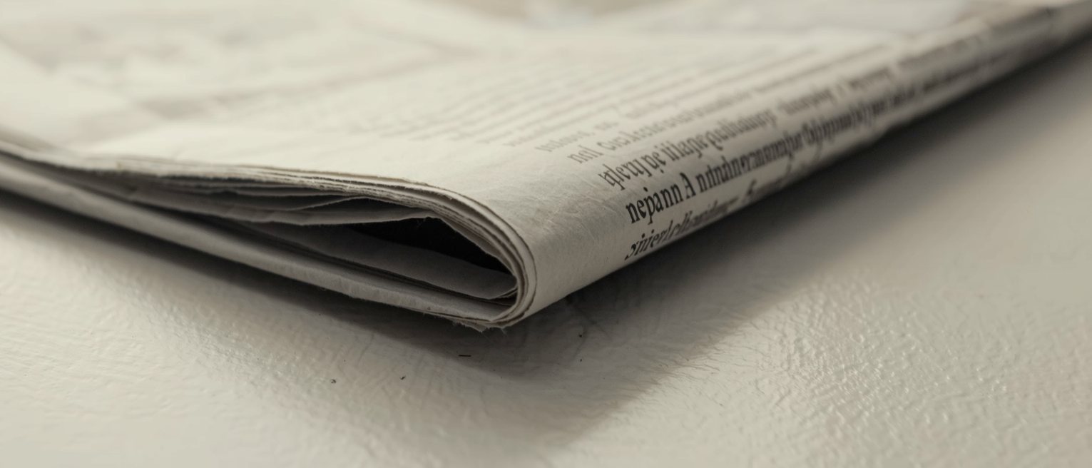 a folded newspaper gone soft at the crease, the column of type running off its edge