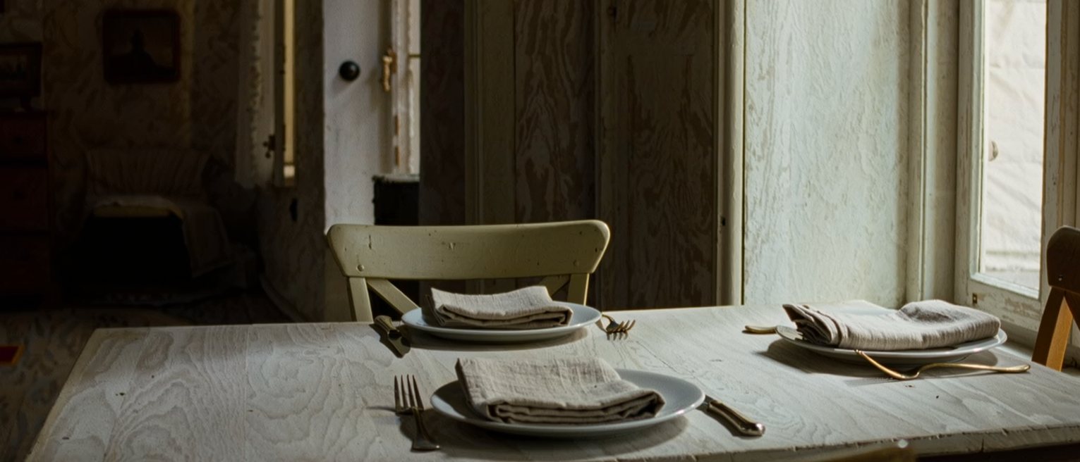 a dining table laid for two where one place has been set a clear hand's width further out from the table than the other