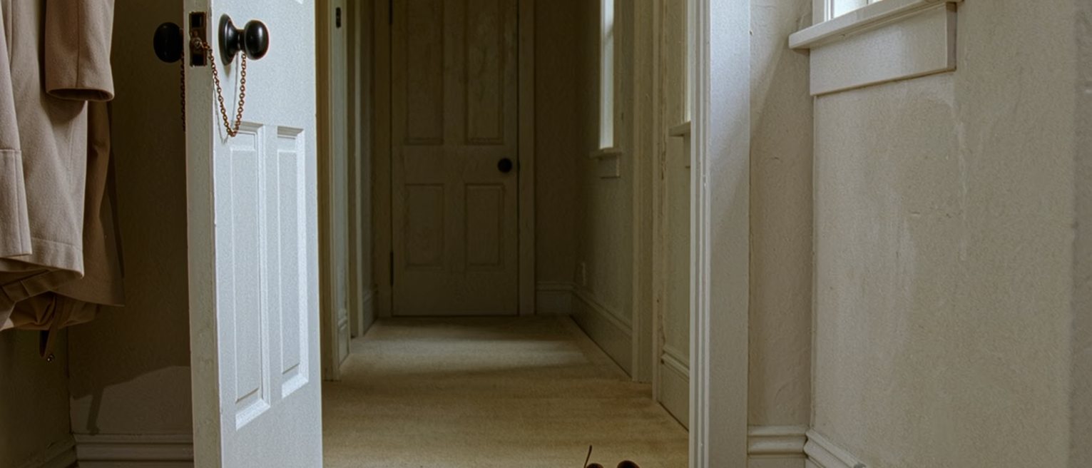 a front door opened as far as its chain allows and no further, the hall beyond it lit