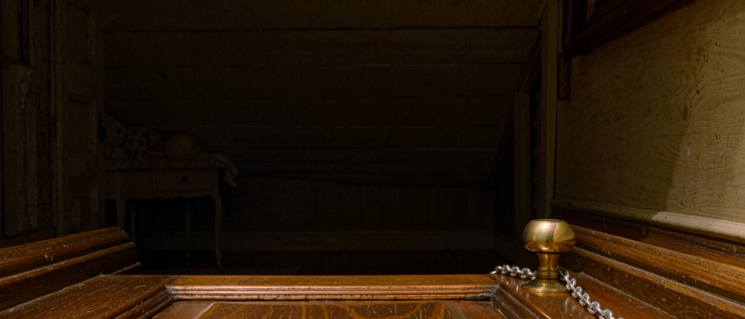 a front door opened as far as its chain allows and no further, the hall beyond it lit