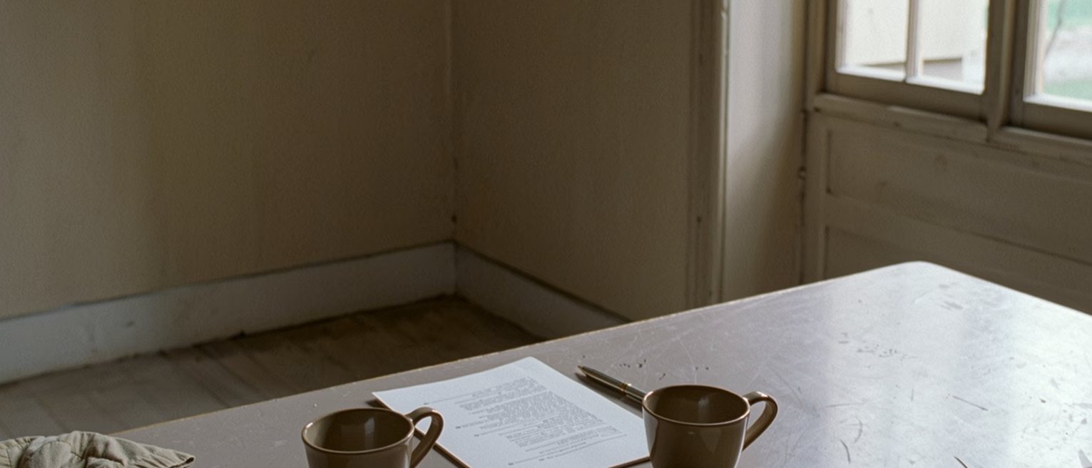 a kitchen table with a folded document laid square between two cups and a pen set across it, an apron folded beside them