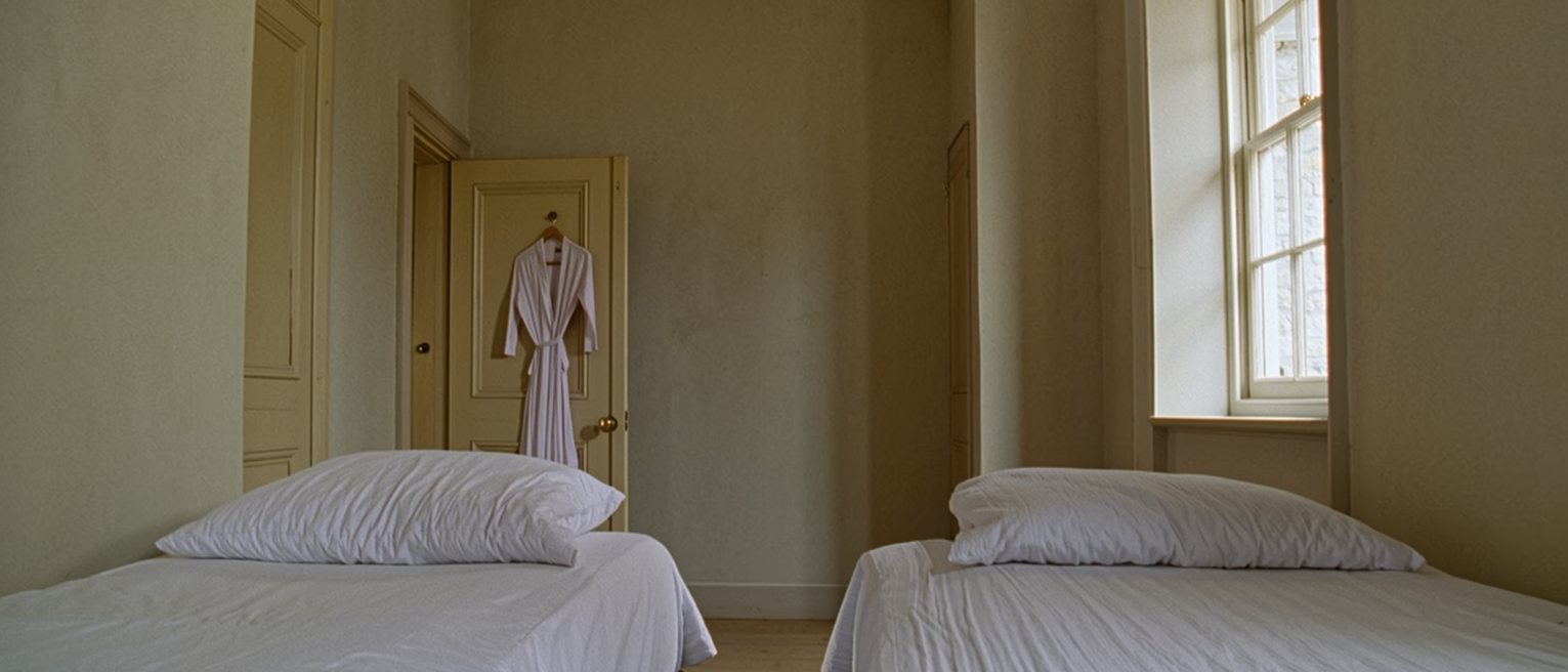 a bedroom with two single beds made up identically and one dressing gown hung on the back of the door