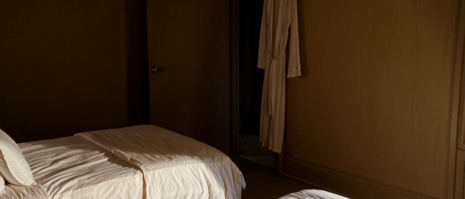 a bedroom with two single beds made up identically and one dressing gown hung on the back of the door