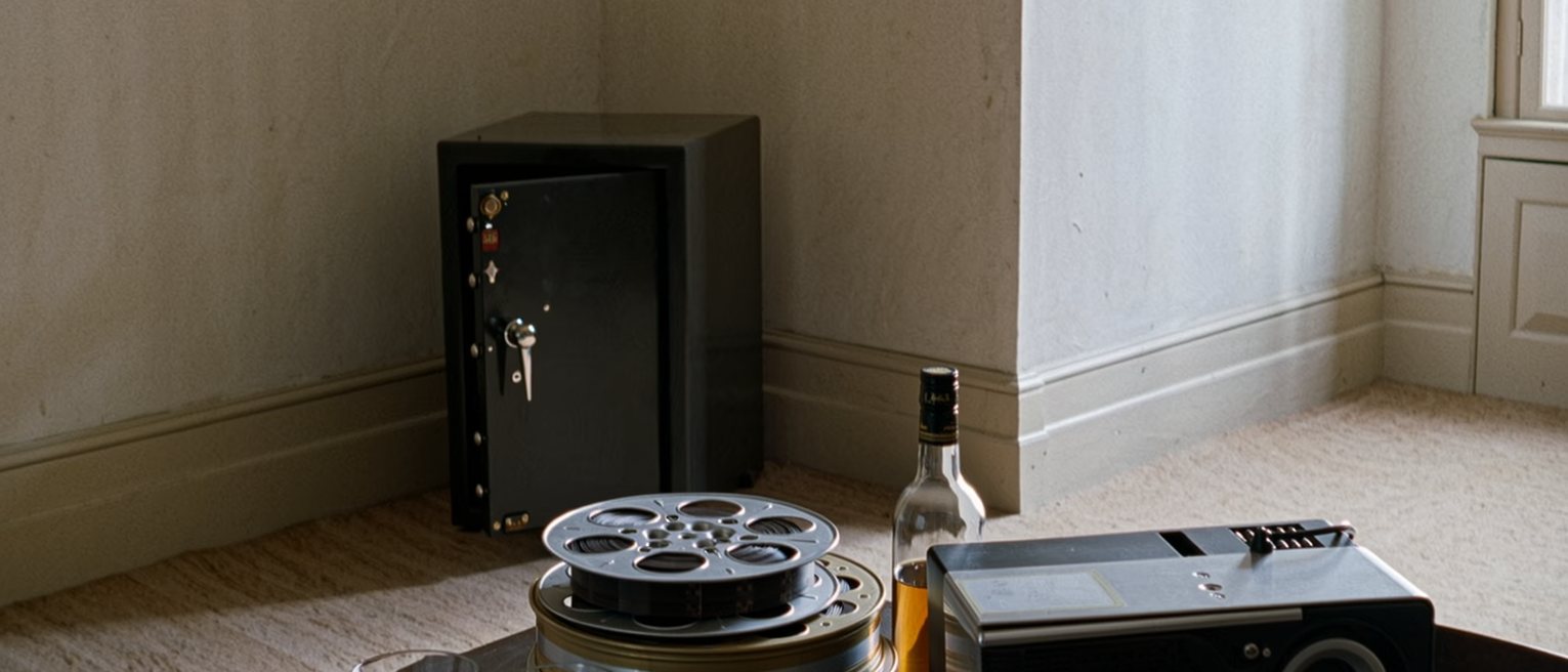 a study seen close with a film reel in its tin on the desk, a projector unplugged, a bottle of whisky and two glasses, a safe with its door ajar soft behind