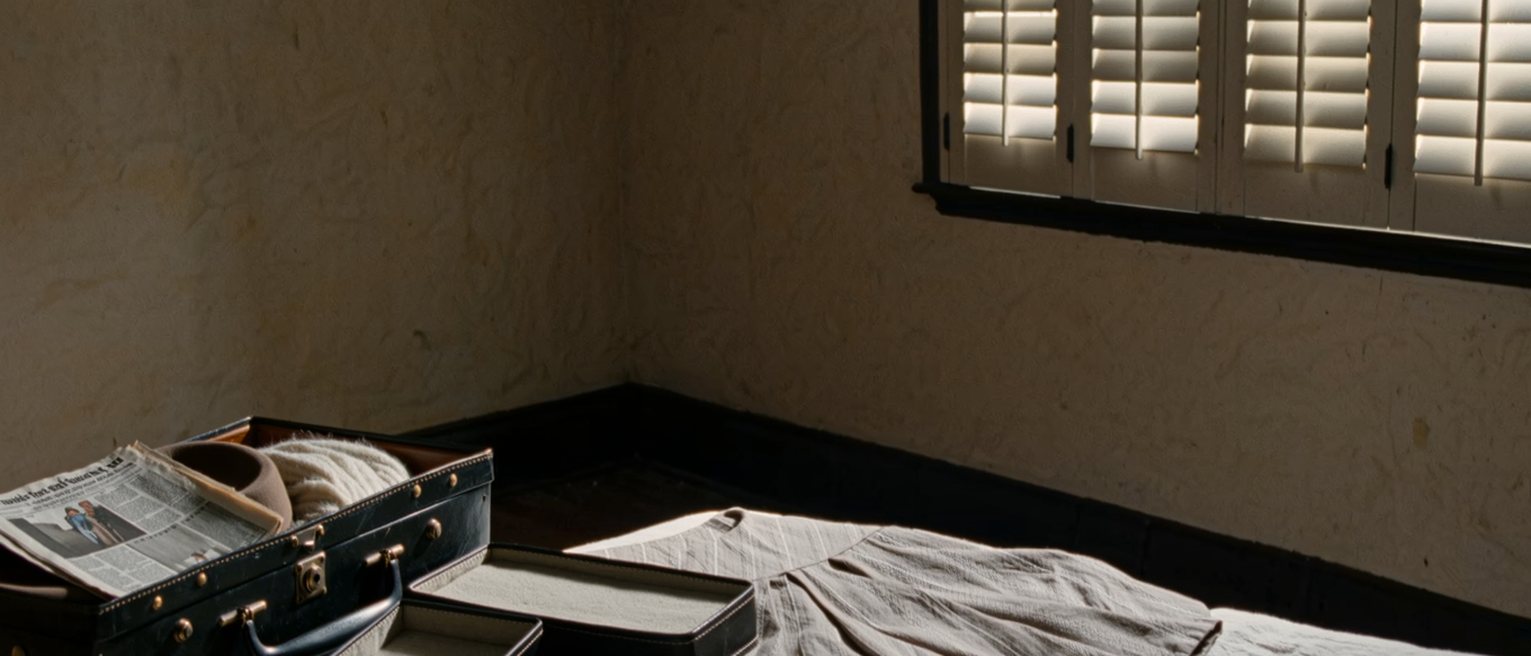 a bedroom seen close with a western dress laid out on the bed beside a steamer trunk half packed, a hat box and a folded newspaper from 1940, the shutters soft behind