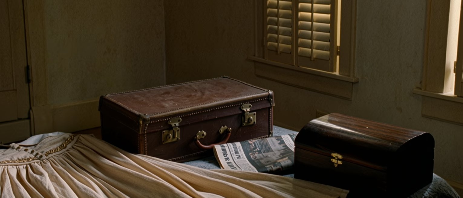 a bedroom seen close with a western dress laid out on the bed beside a steamer trunk half packed, a hat box and a folded newspaper from 1940, the shutters soft behind