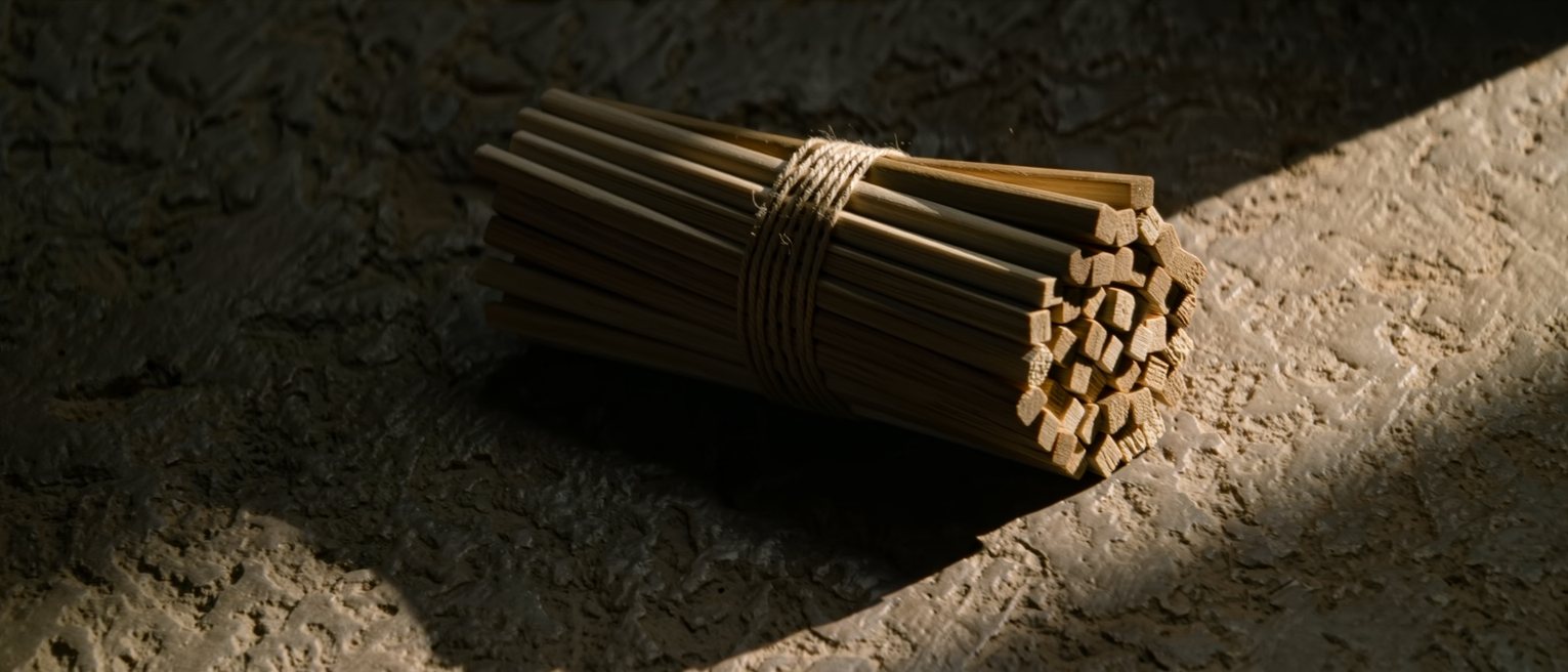 a bundle of notched tally sticks tied with cord