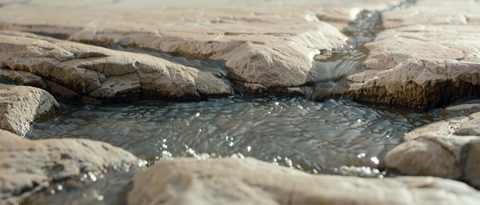 a cold spring running out of bare rock into a stone basin, the water not still