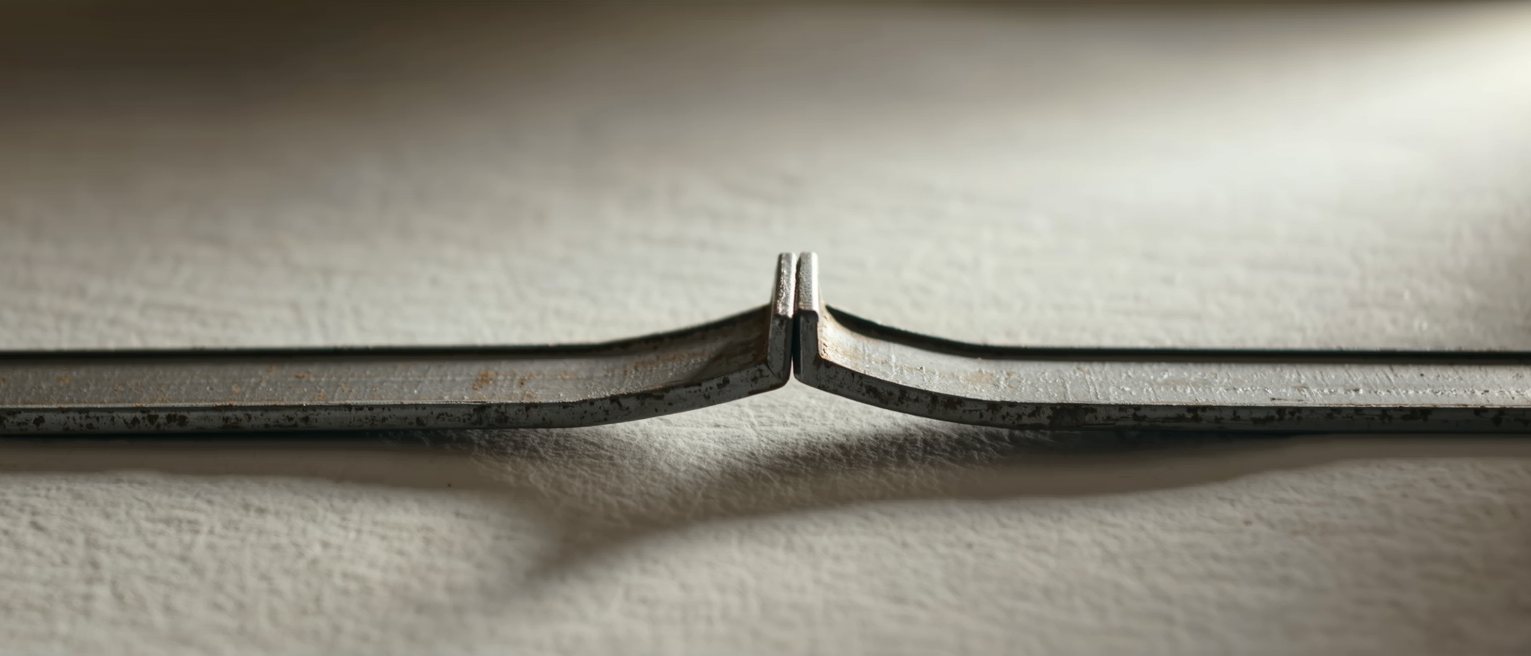 a thick heavy steel girder under load, its long span sagging visibly at the centre