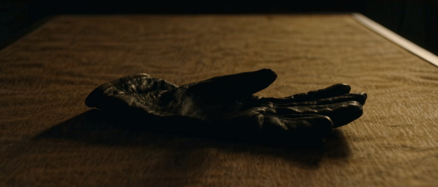 a pair of leather gloves worn thin at the palms and still keeping the shape of the hands