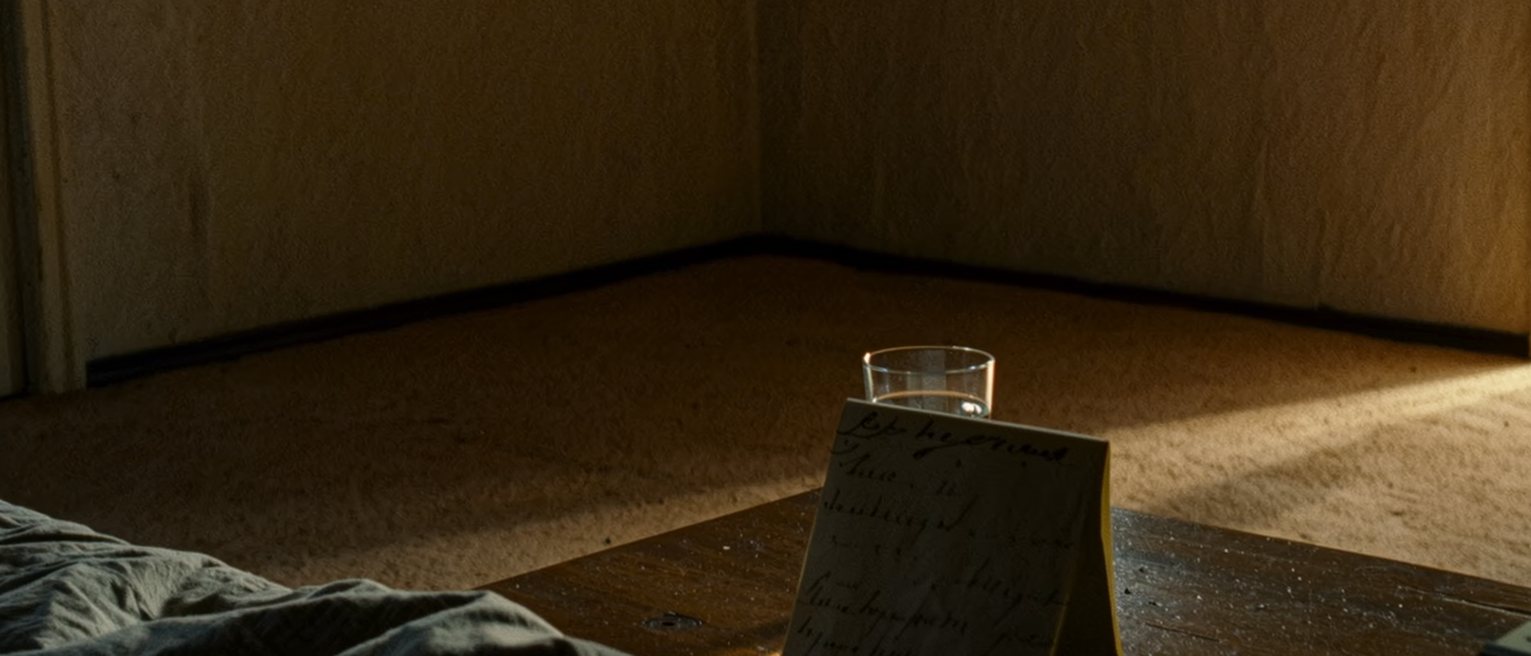 a bedside table with a folded note propped against a glass of water, the covers turned down on one side
