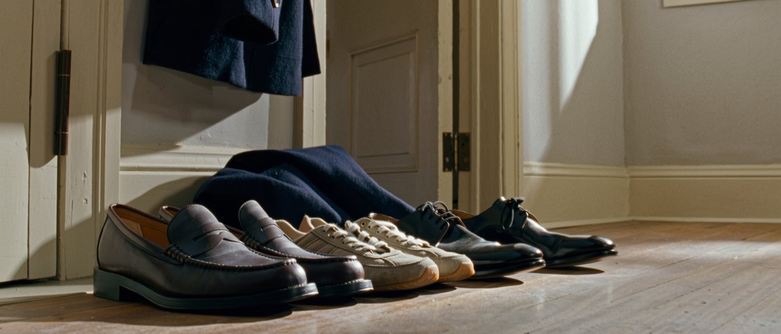 a hall seen close with three pairs of shoes in a row, each for a different life, and a coat half taken off the hook, the door on the latch behind