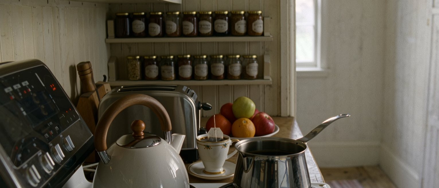 a kitchen worktop seen close with the kettle boiled and left, a cup with the teabag still in it and a pot of coffee on the stove, both untouched, the toaster, a bowl of fruit and the shelves of jars close behind