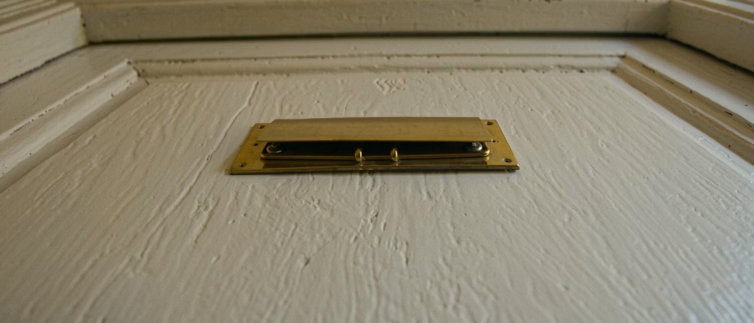 the brass letter plate on a painted door, its spring flap closed flat