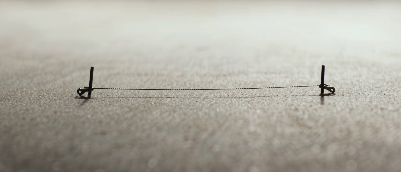 a fine wire run taut between two stakes at ankle height, hooked to a set trigger