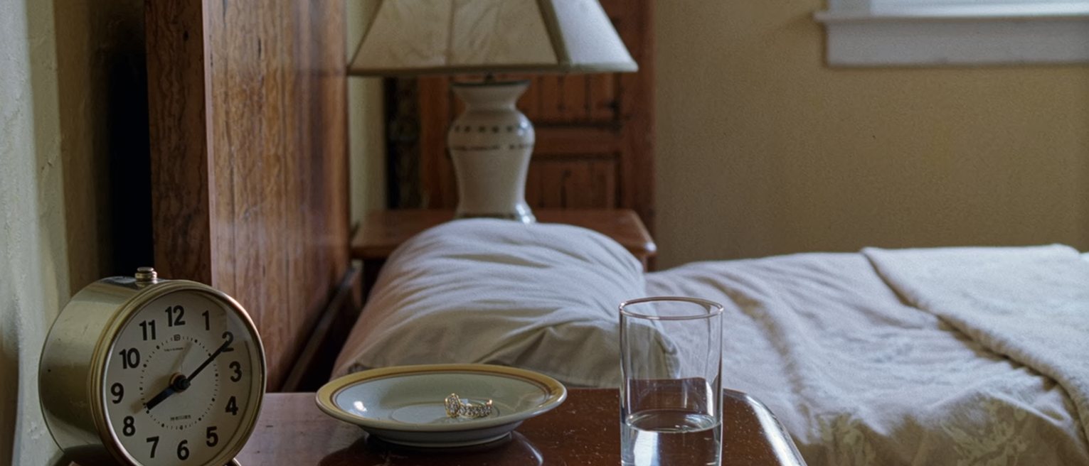 a bedside table seen close with a travel clock turned to face the wall, a single earring in a saucer and a glass of water half drunk, the lamp and the turned-down bed close behind