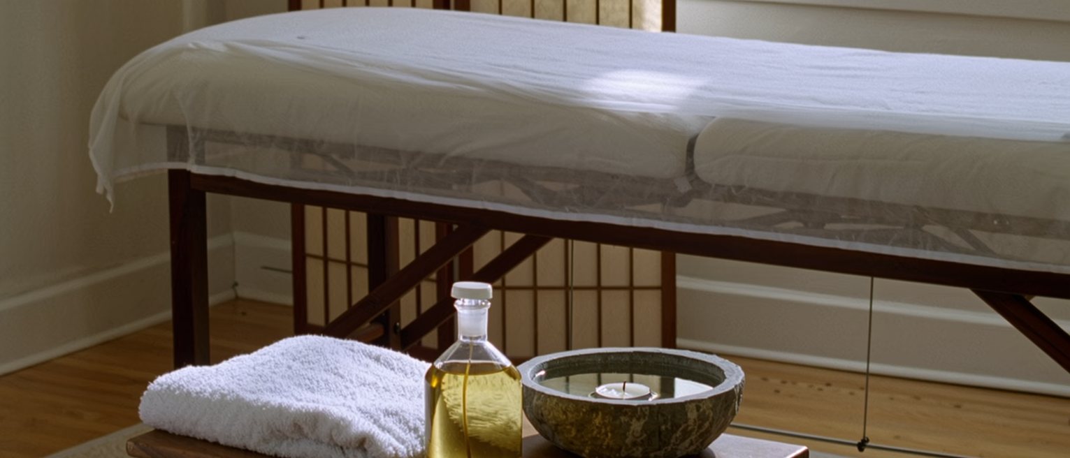 a quiet treatment room seen close with a bottle of warmed oil and a folded white towel on a low wooden table, a stone bowl of water and a single unlit candle, the padded table with its sheet turned down close behind and the paper screen soft beyond