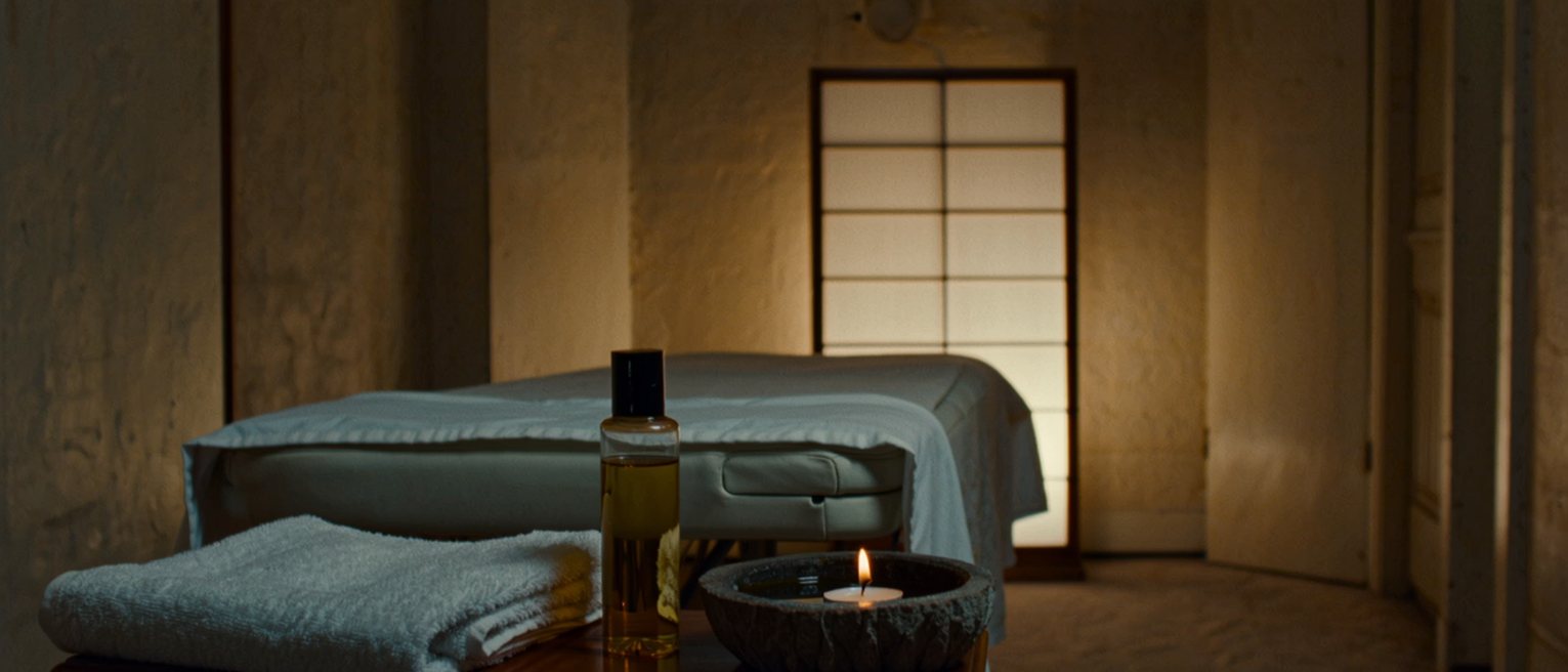 a quiet treatment room seen close with a bottle of warmed oil and a folded white towel on a low wooden table, a stone bowl of water and a single unlit candle, the padded table with its sheet turned down close behind and the paper screen soft beyond