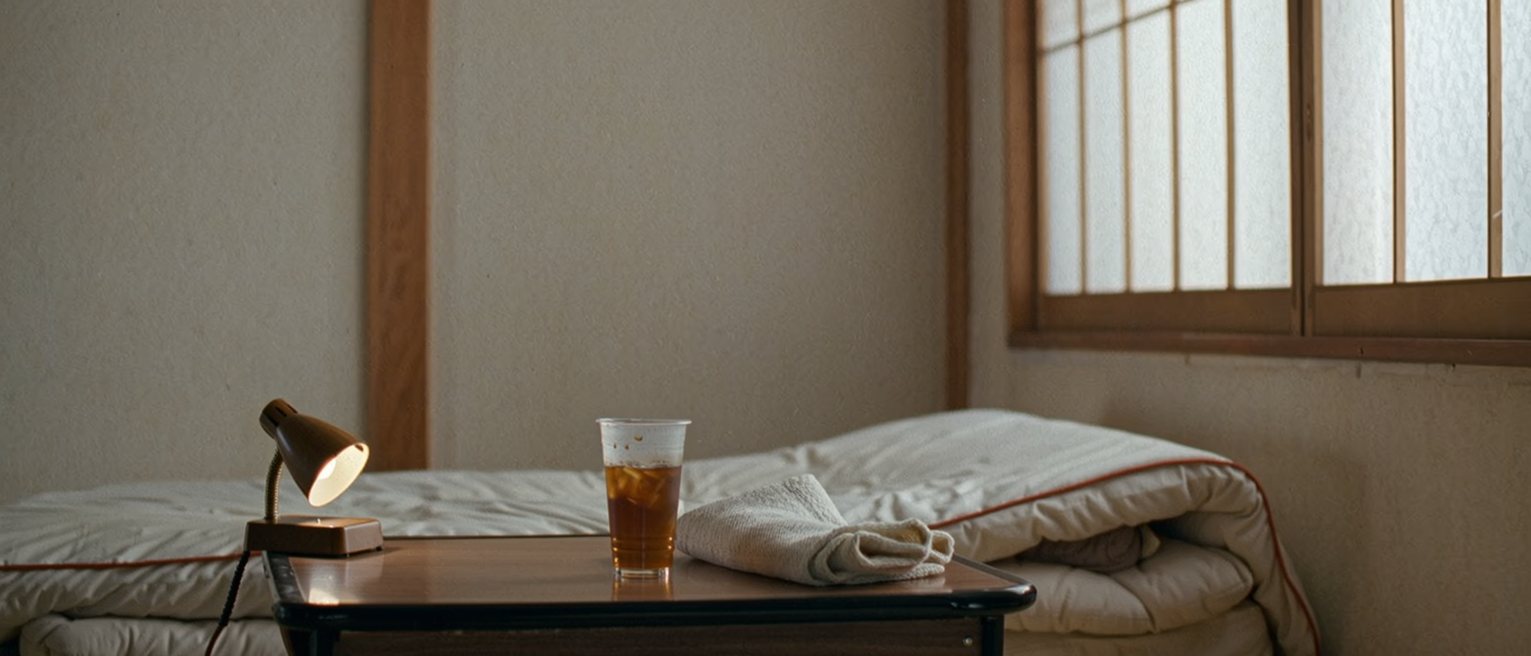 a low table in a tatami room seen close with a cup of barley tea gone cold, a folded cotton blanket and a small lamp turned down to its lowest, the futon with its cover turned back close behind and the shoji soft beyond