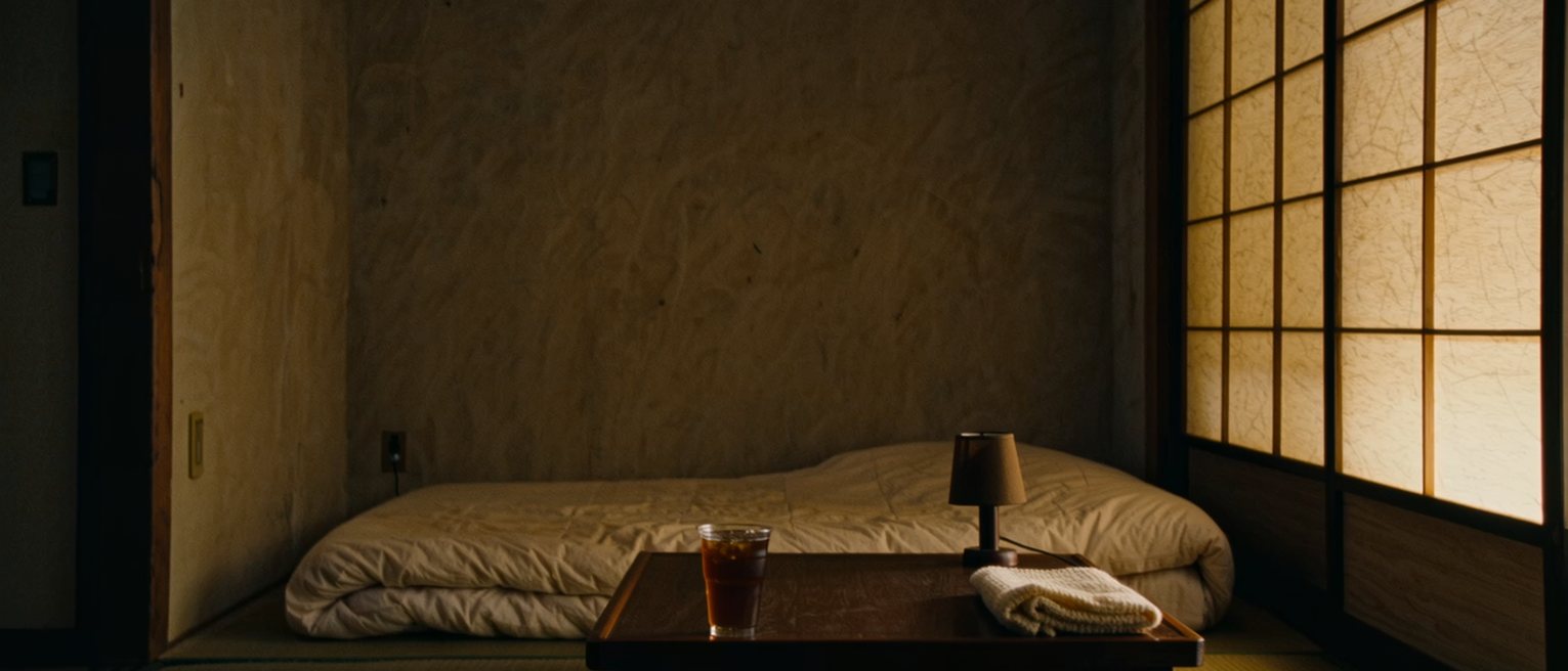 a low table in a tatami room seen close with a cup of barley tea gone cold, a folded cotton blanket and a small lamp turned down to its lowest, the futon with its cover turned back close behind and the shoji soft beyond