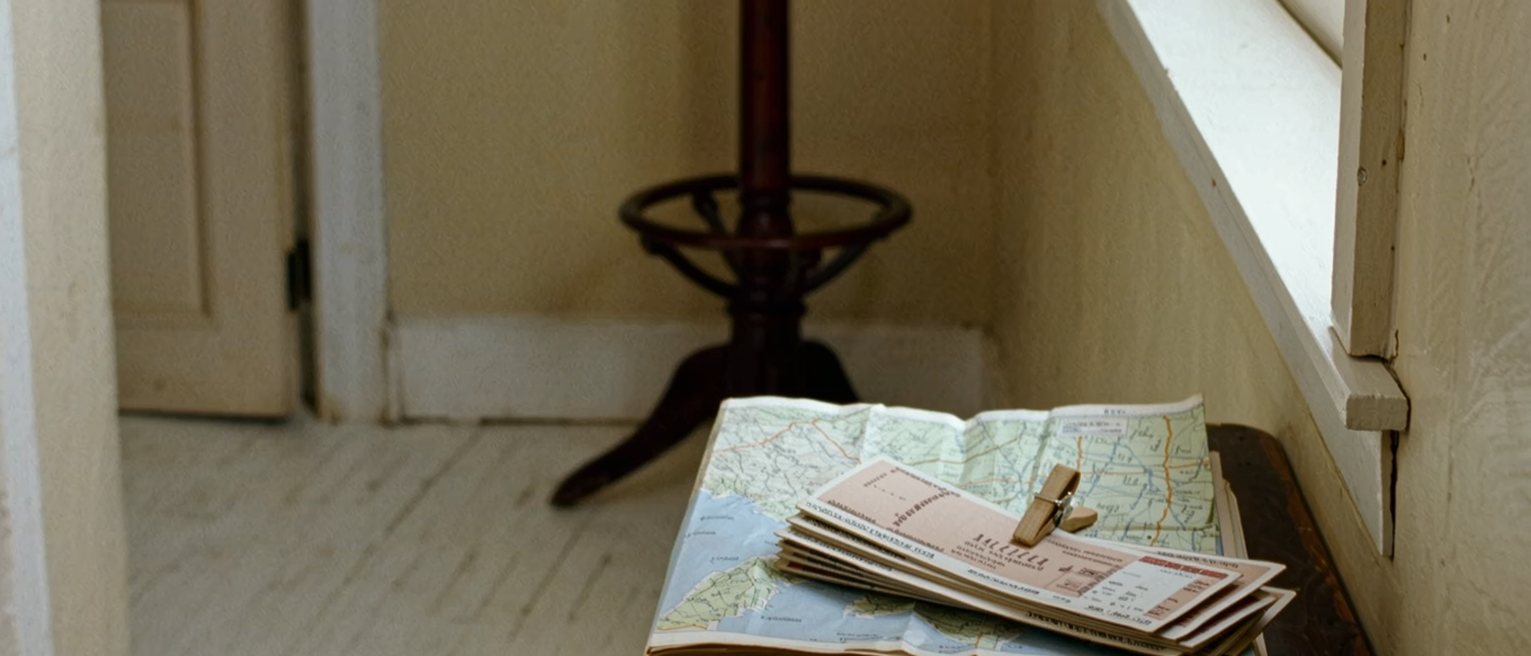 a hall table seen close with a stack of old transit passes and staff badges from three cities held in a bulldog clip, a folded map beneath them and the coat rack soft behind
