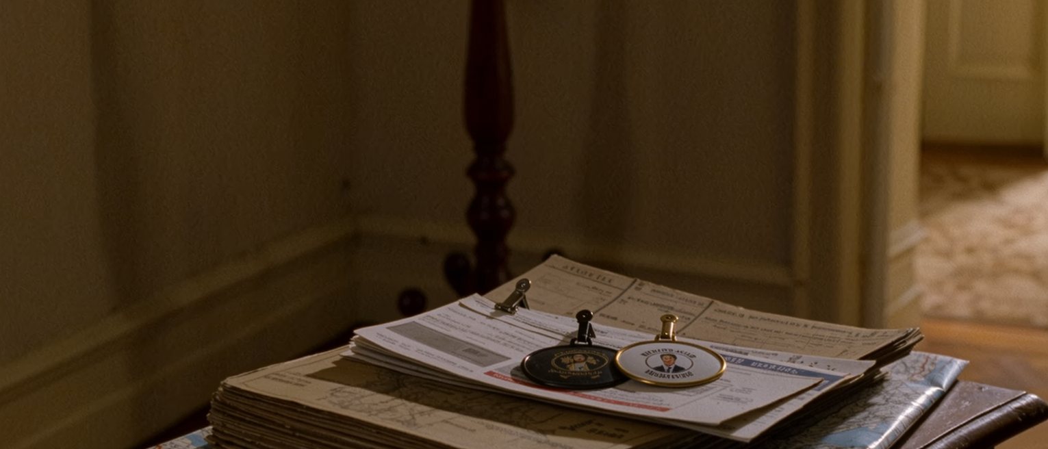 a hall table seen close with a stack of old transit passes and staff badges from three cities held in a bulldog clip, a folded map beneath them and the coat rack soft behind